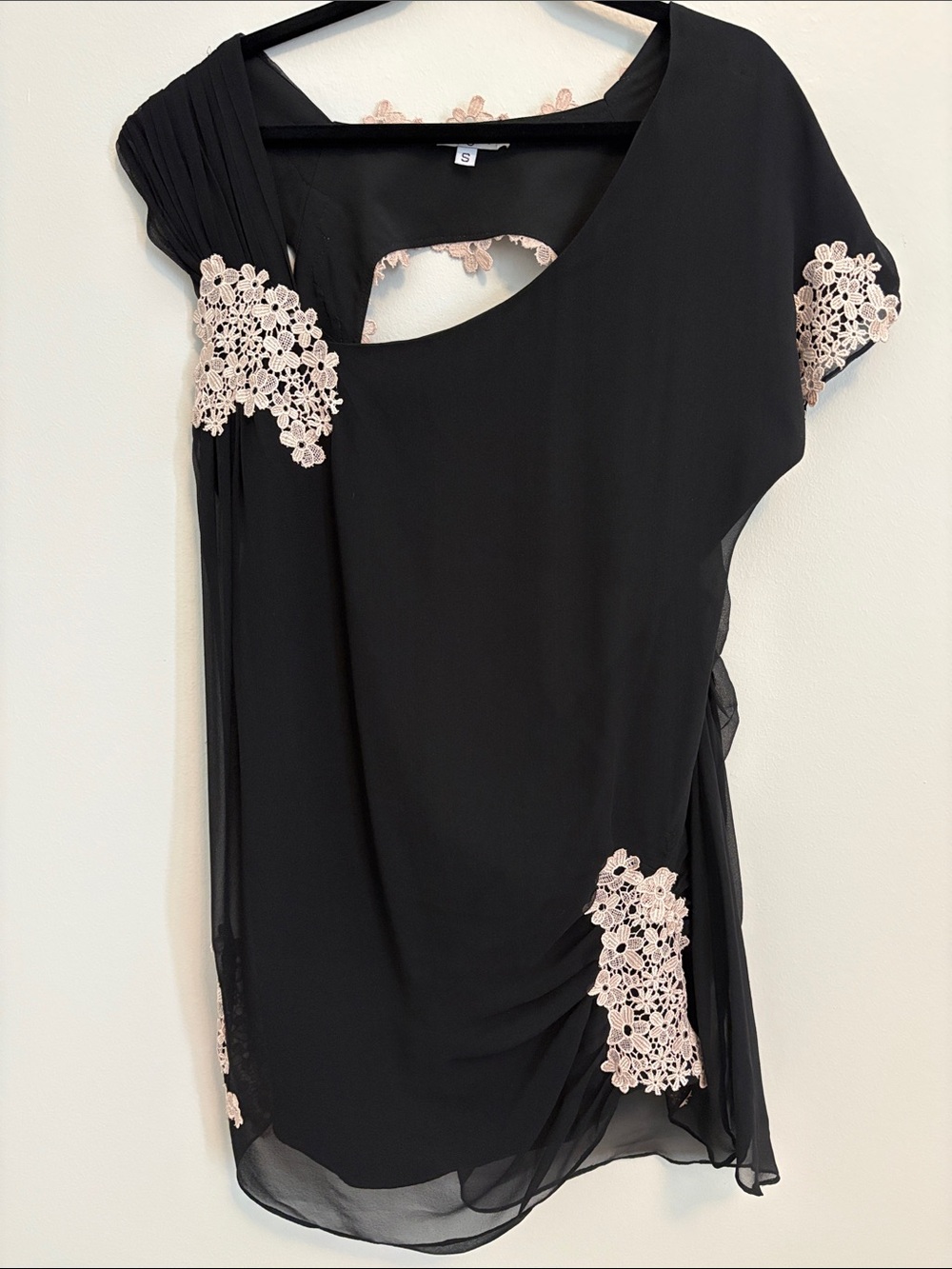 Foley + Corinna Black Chiffon Tunic with Blush Lace Appliqué